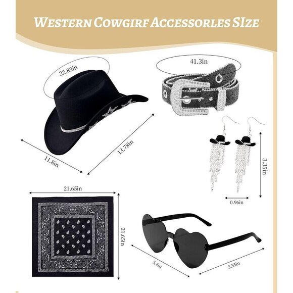 Cowboy Hat Set Felt Rhinestone Belt Stars Sunglasses Bandana Earrings